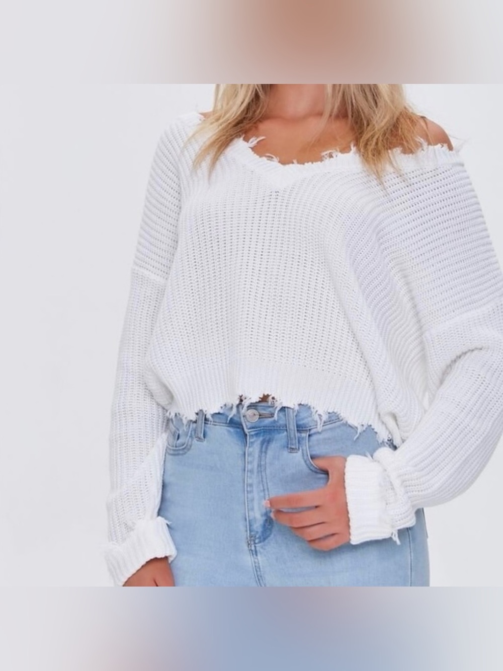 Forever 21 White Cotton Ribbed Distressed Cropped Sweater